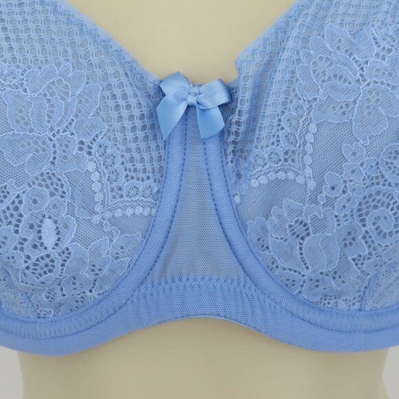 Parfait 38D Blue Floral Flower Lace Underwire Bra Bow Unlined Wide Strap NEW - Picture 3 of 14